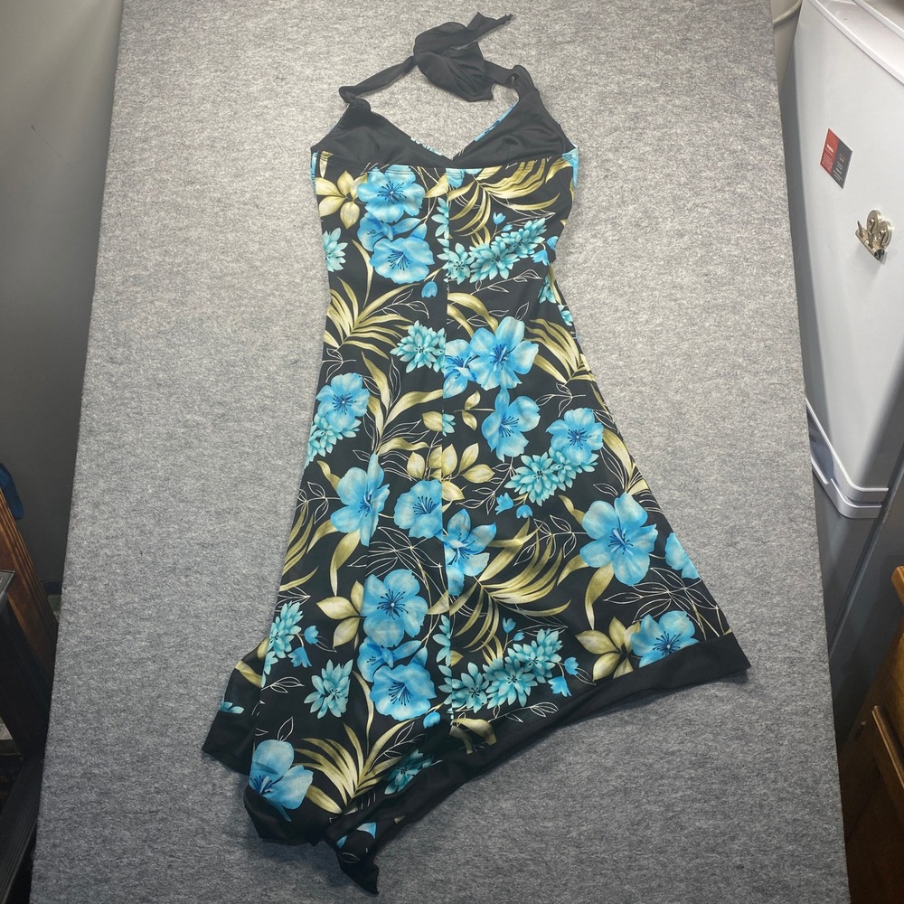 Trixxi Floral Halter Dress Black Blue Tropical Handkerchief Hem Y2K Large T6734 - Picture 2 of 7